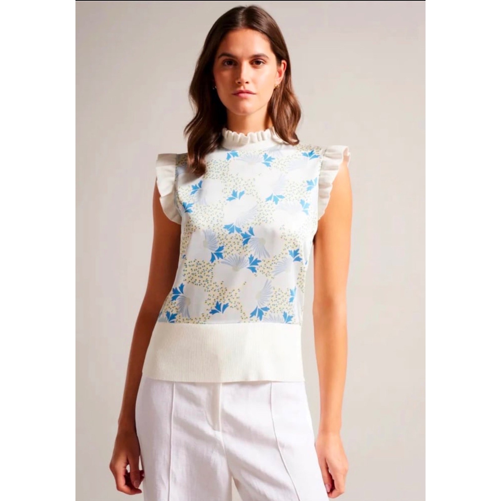 Ted Baker New Luseea Sky Blue Blouse Size 0 Small Woven Knit Top Floral Ruffle